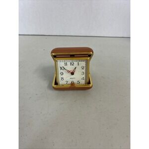 Vintage Equity Travel Alarm Clock Brown Faux Leather Folding Case Gold Tone MCM